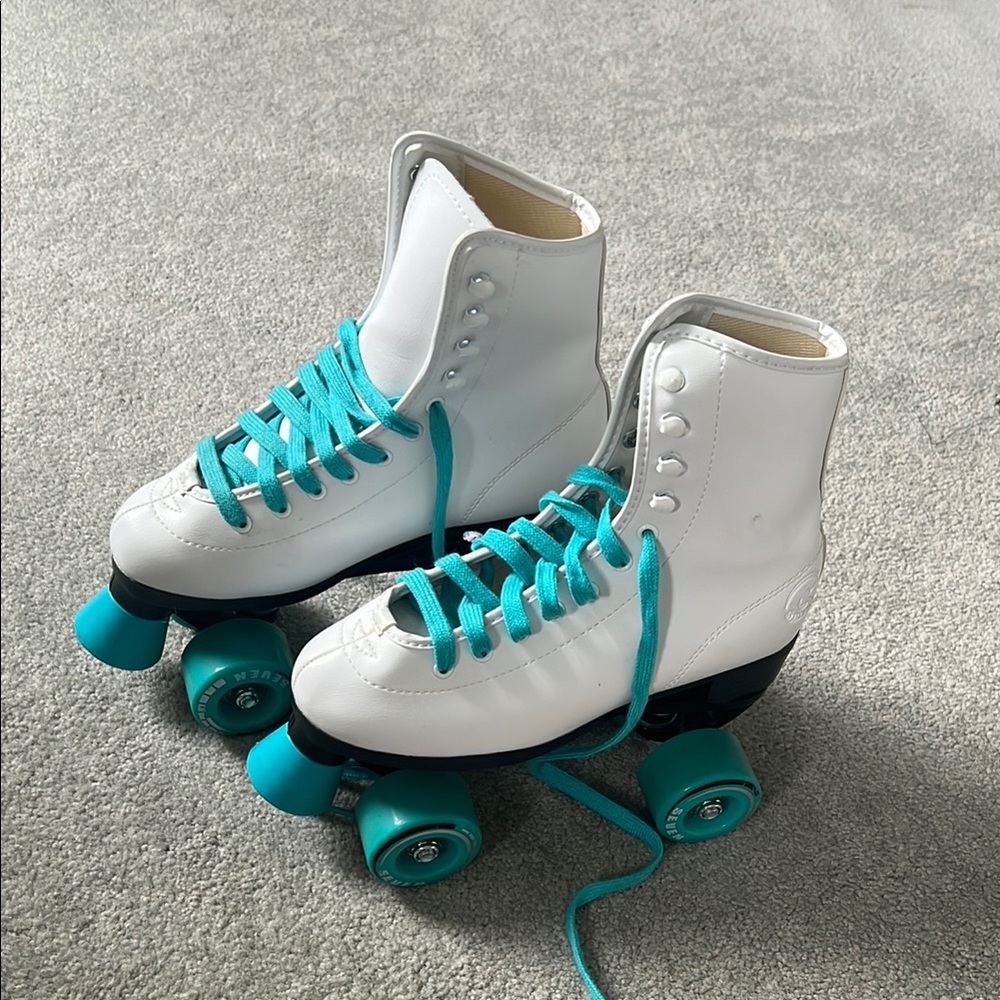Kids White Roller Skates with Teal Accents